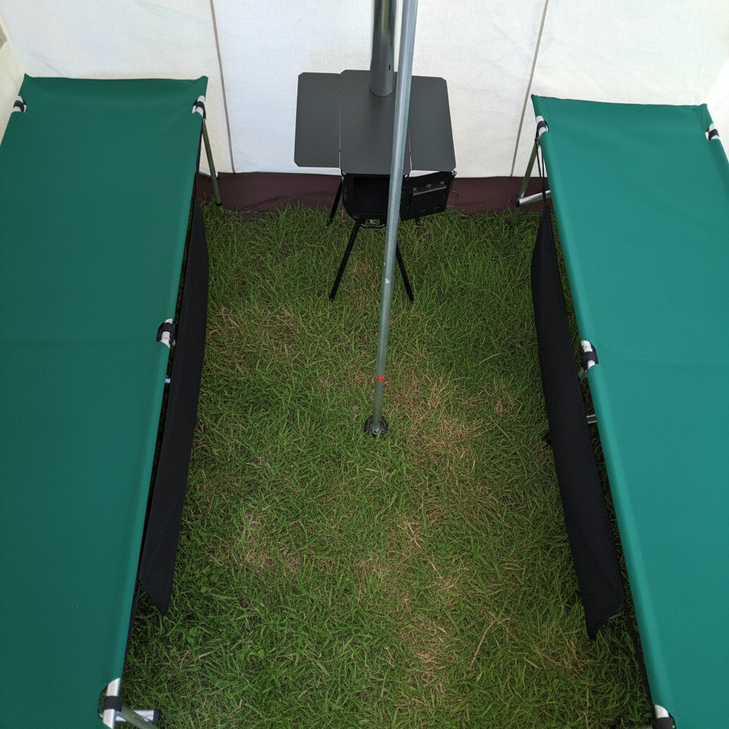 Scout Stove (for Drifter & Rustler Tents) spacious floor layout with 2 large cots and a stove