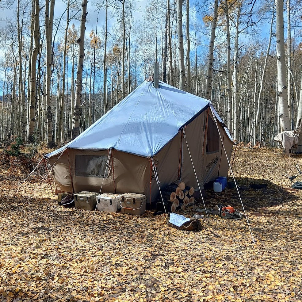 A large Nomad tent with a rain fly on it, pitched in a forest clearing covered with fallen leaves, surrounded by tall birch trees under a blue sky.